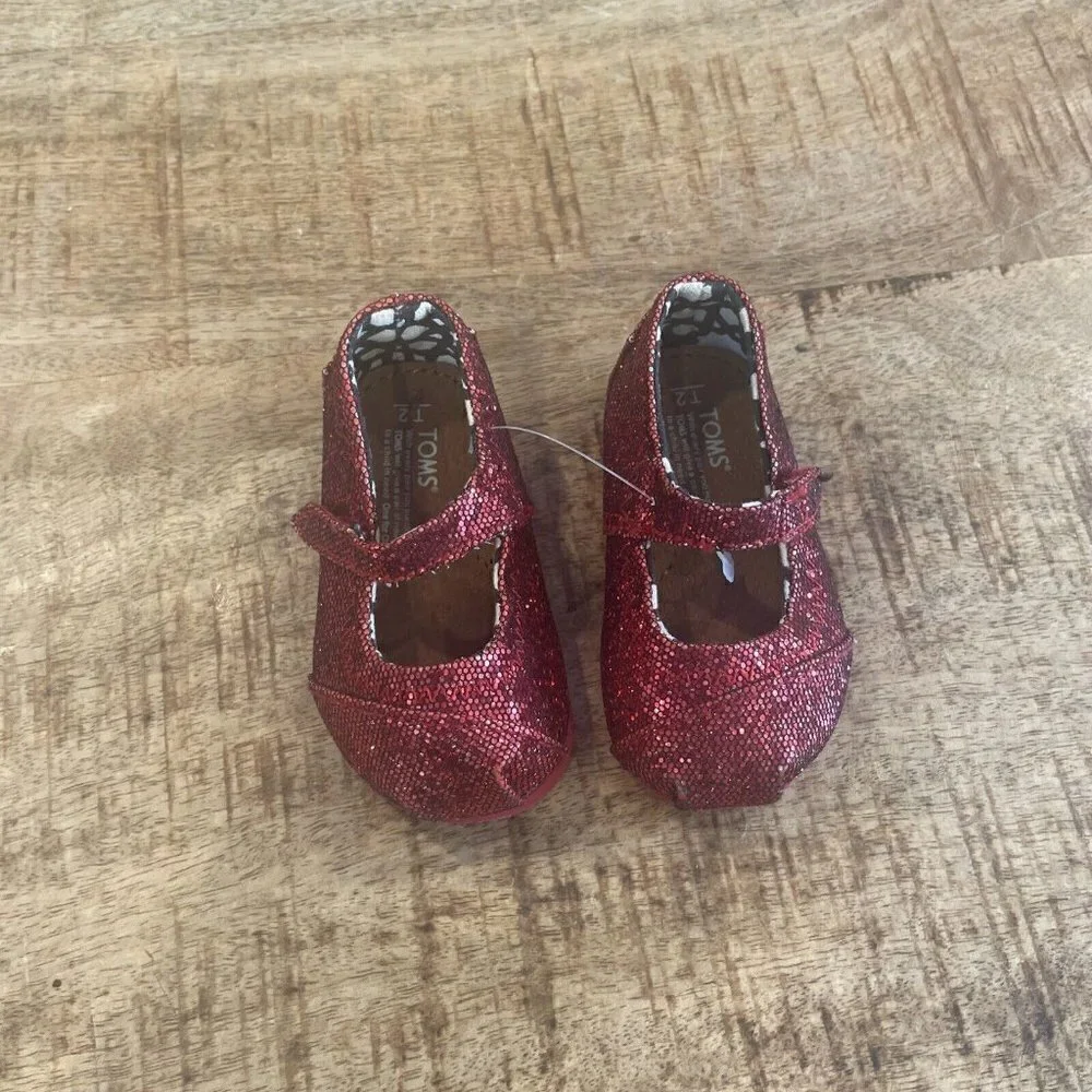 Toms Red Sparkle Mary Jane Shoes Slip On Hard Soles Formal Toddler Baby Size 2